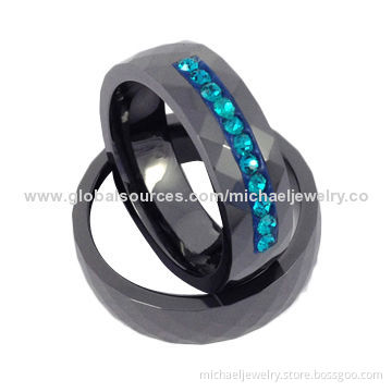 Ceramic rings, made of black ceramic, ocean blue PP stone, fashion jewelry